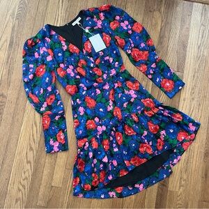 WAYF Long Puff Sleeve Eva Cobalt Blue Floral Mini Dress Fitted Size Small